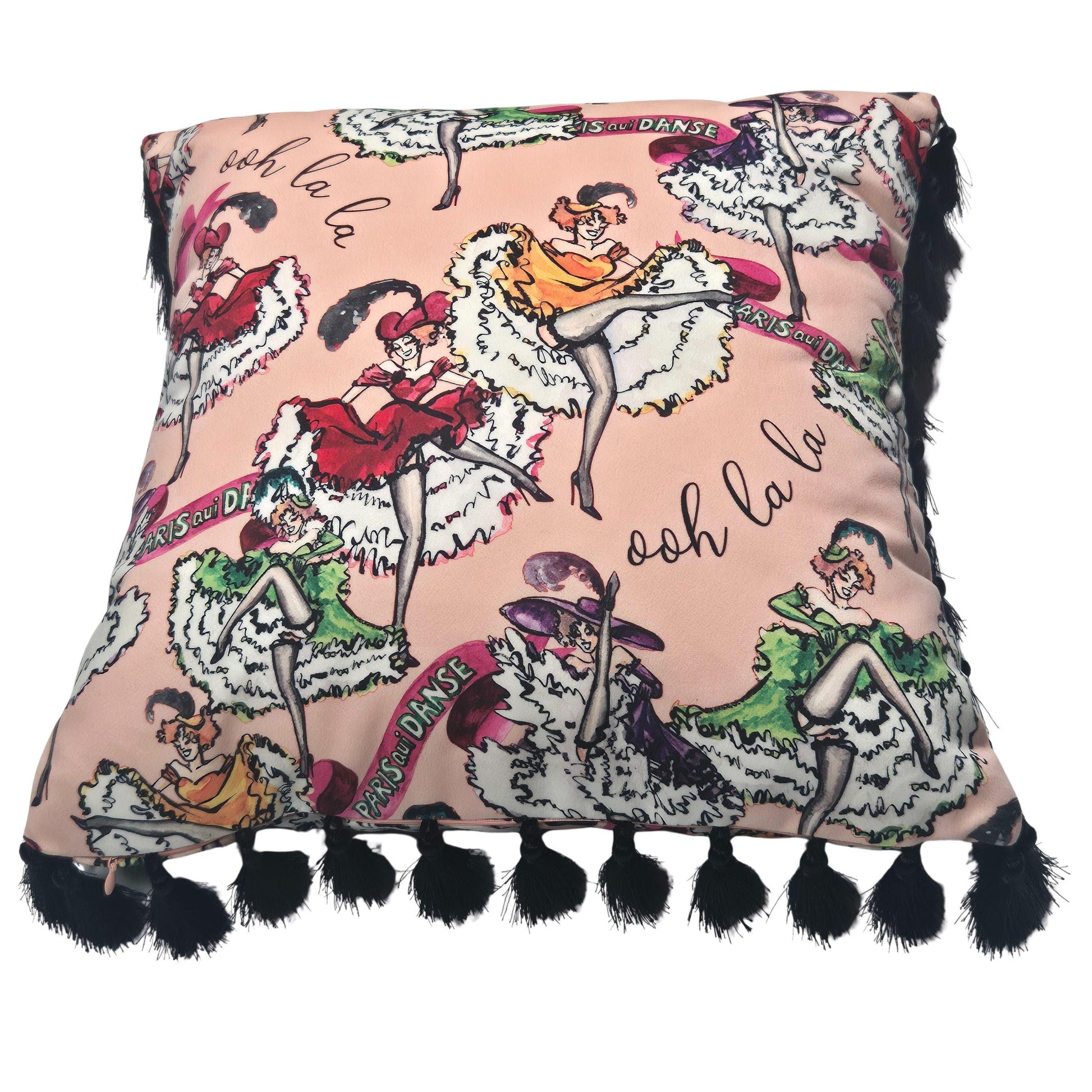 Pink velvet cushion with tassels for bedroom dressing room french boudoir decor printed decorative pillow fringe colourful cushion retro