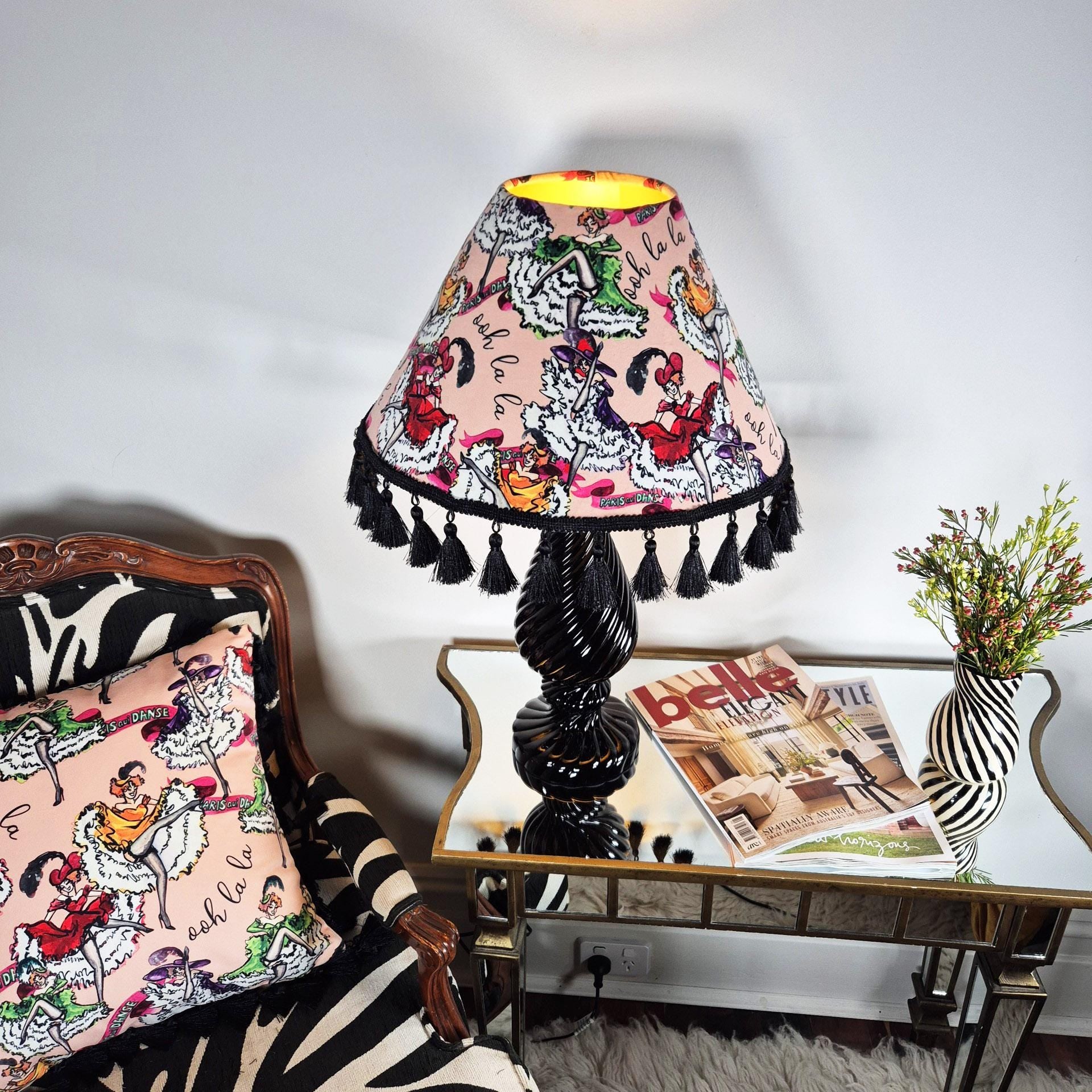 Pink velvet cushion with tassels for bedroom dressing room french boudoir decor printed decorative pillow fringe colourful cushion retro