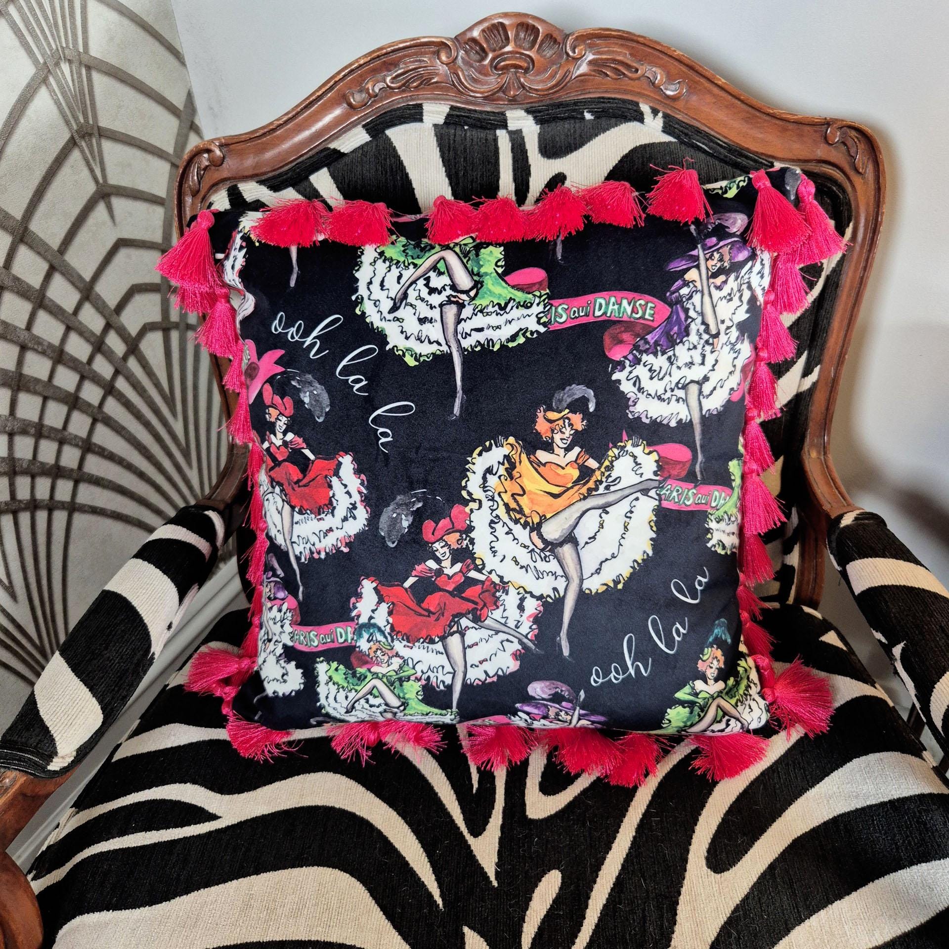 Black velvet cushion with tassels for bedroom dressing room french boudoir vintage printed decorative pillow fringe colourful cushion retro