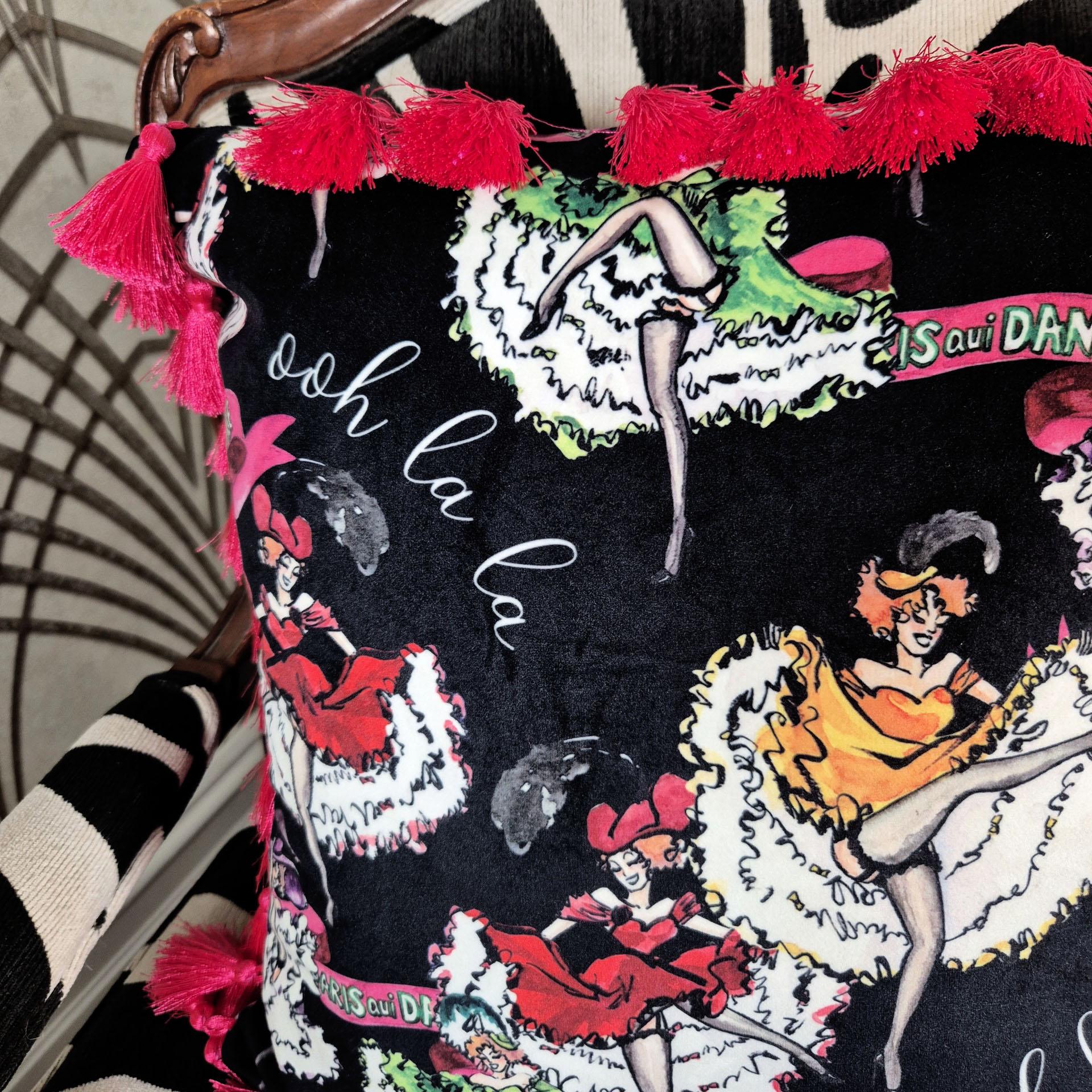 Black velvet cushion with tassels for bedroom dressing room french boudoir vintage printed decorative pillow fringe colourful cushion retro