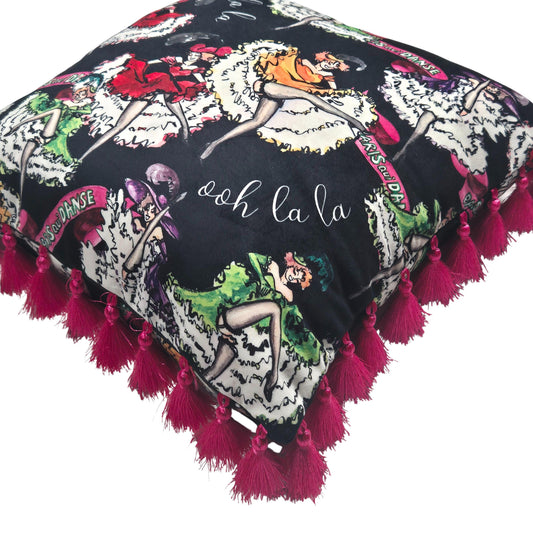 Black velvet cushion with tassels for bedroom dressing room french boudoir vintage printed decorative pillow fringe colourful cushion retro