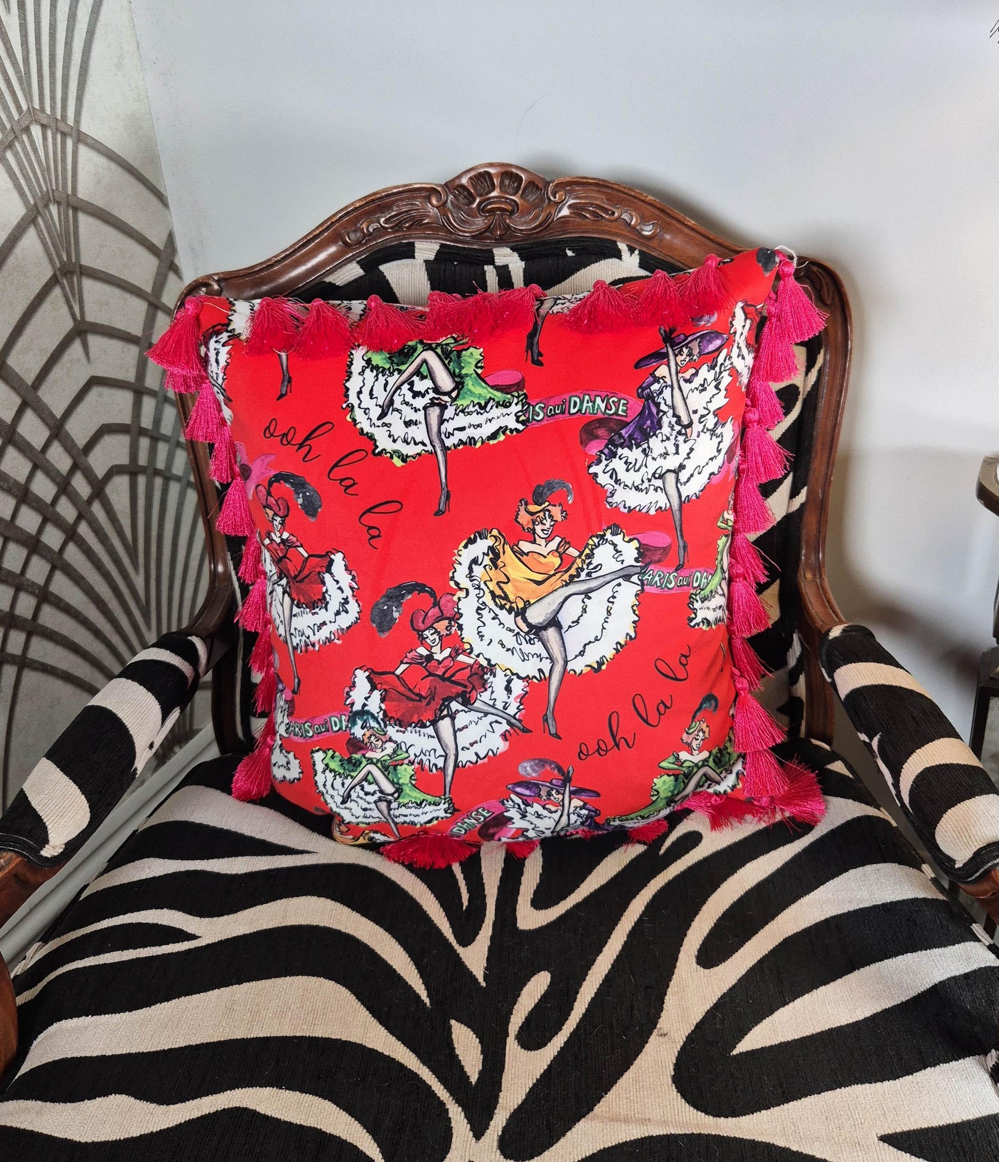 Red velvet pillow with tassels for bedroom dressing room french boudoir vintage printed decorative pillow fringe colourful cushion retro