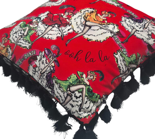 Red velvet pillow with tassels for bedroom dressing room french boudoir vintage printed decorative pillow fringe colourful cushion retro