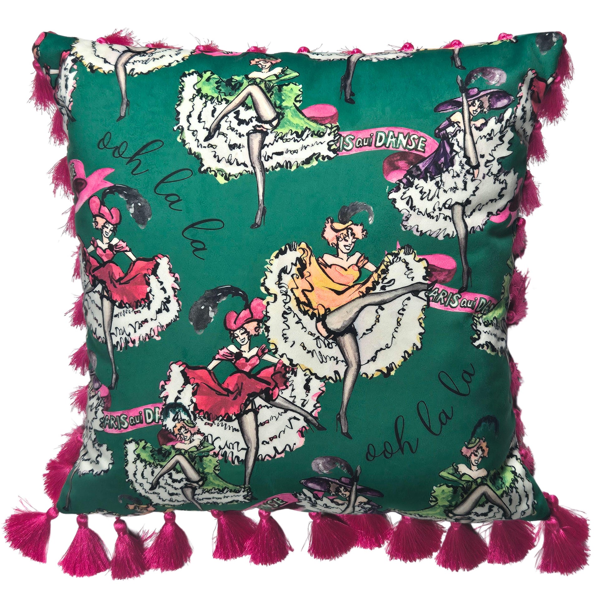 Green velvet cushion with tassels for bedroom dressing room french boudoir vintage printed decorative pillow fringe colourful cushion retro