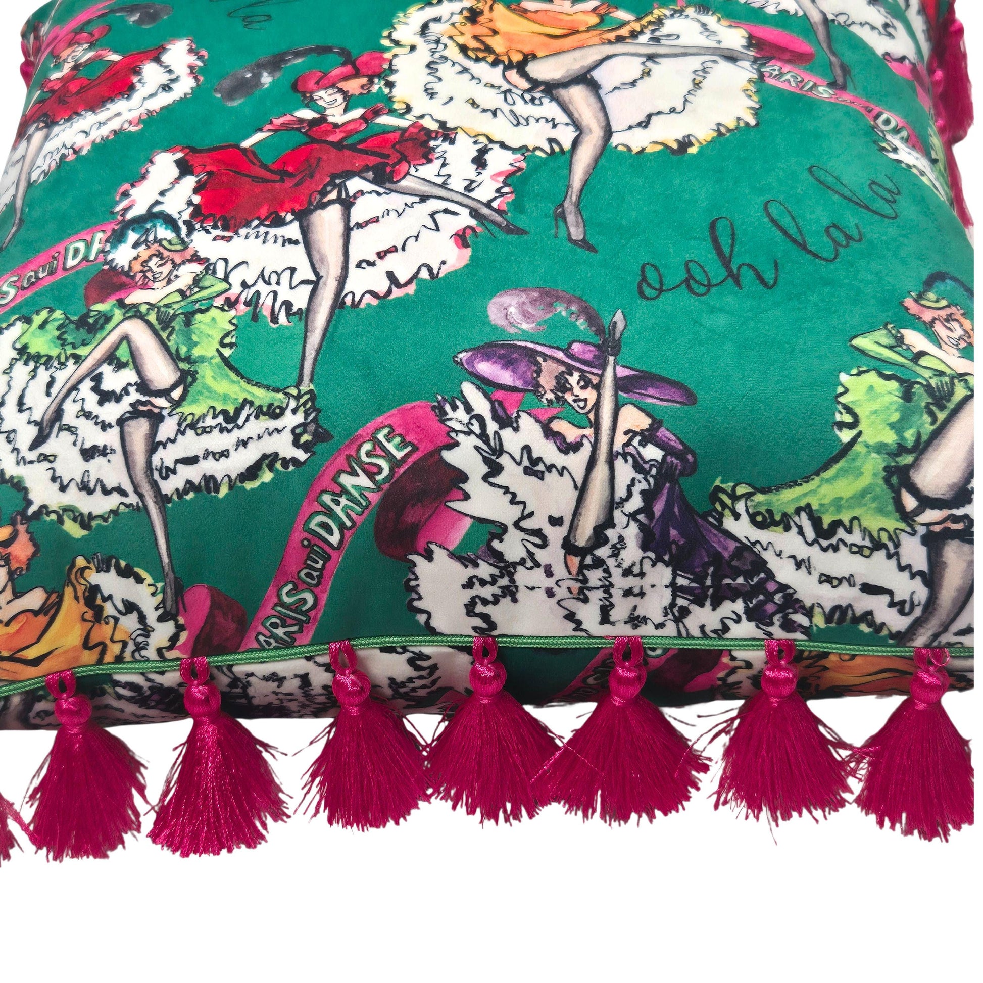 Green velvet cushion with tassels for bedroom dressing room french boudoir vintage printed decorative pillow fringe colourful cushion retro