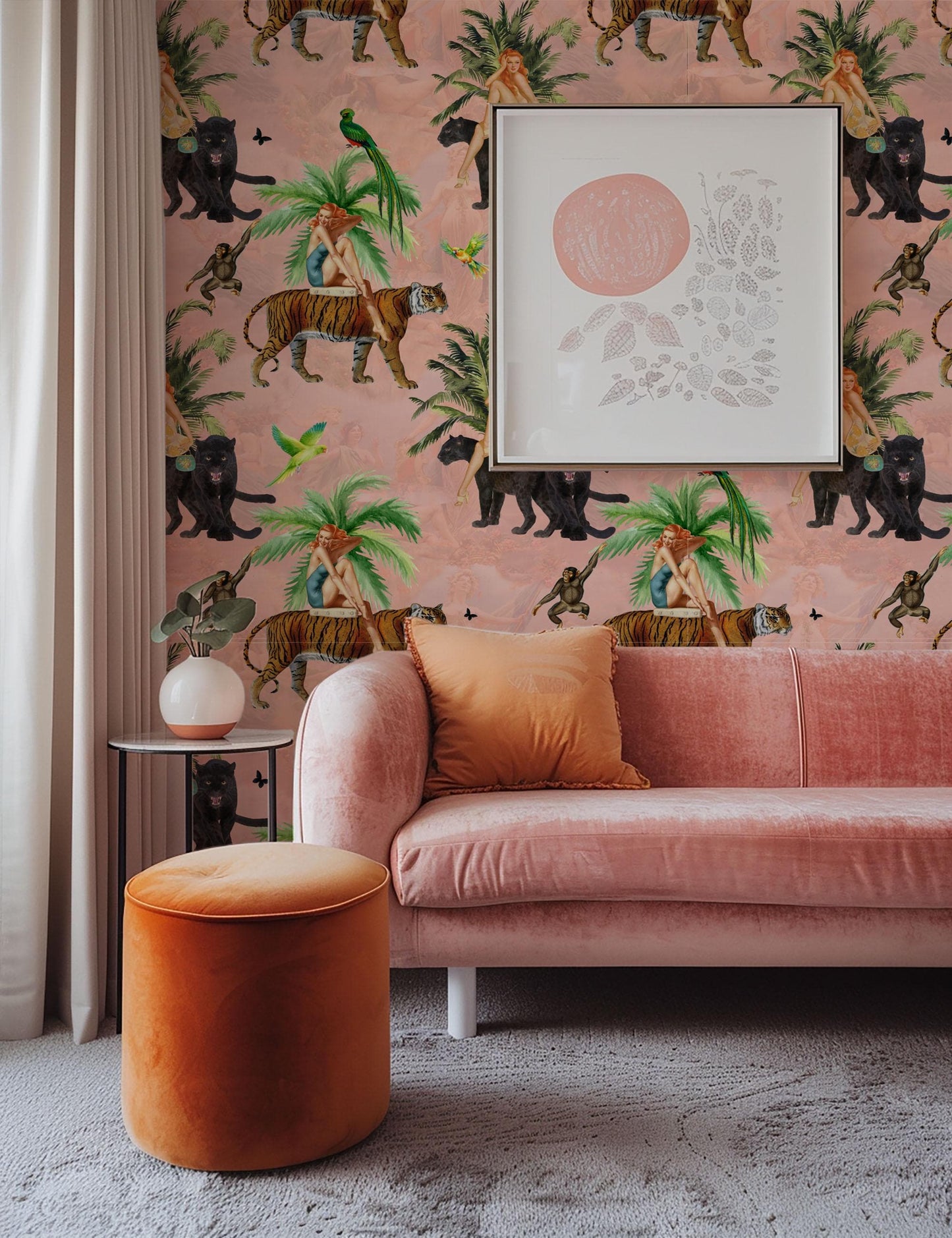 Jungle Pink Wallpaper retro girls, tiger peel and stick, vintage style wall paper, tropical wallpaper, exotic wall coverings animal