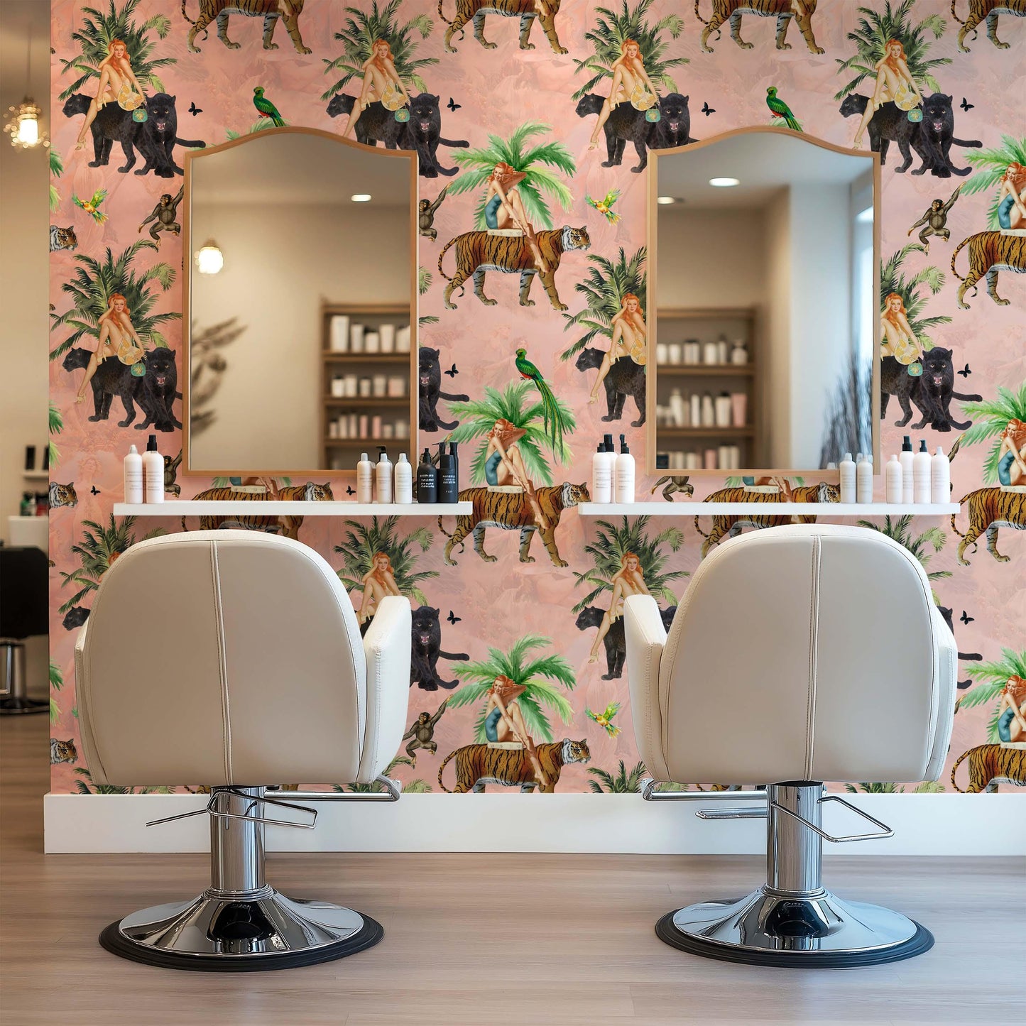 Jungle Pink Wallpaper retro girls, tiger peel and stick, vintage style wall paper, tropical wallpaper, exotic wall coverings animal