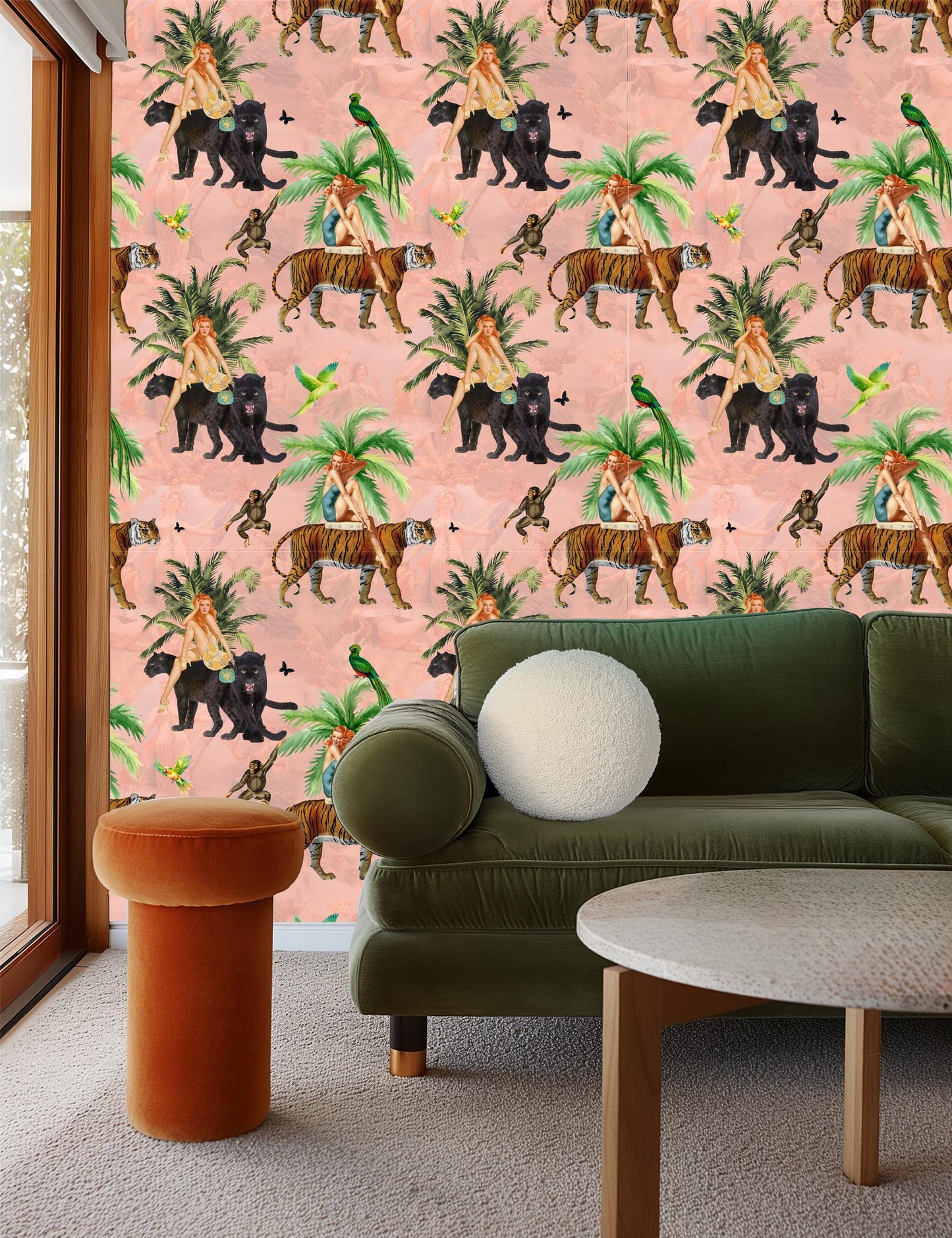 Jungle Pink Wallpaper retro girls, tiger peel and stick, vintage style wall paper, tropical wallpaper, exotic wall coverings animal