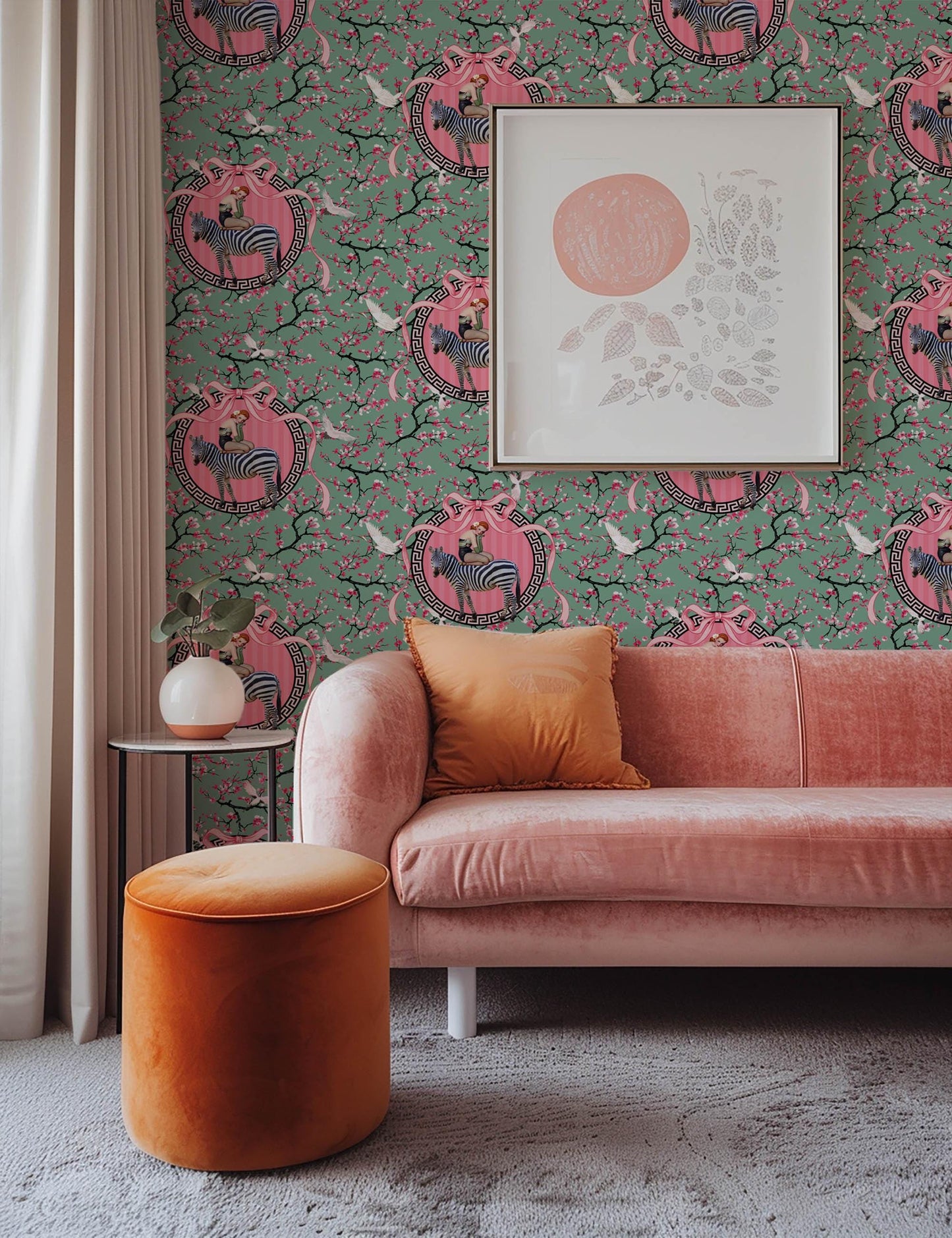 Gigi Cherry Blossom Wallpaper Green, Animal print jungle wallpaper peel & stick, feminine wallpaper for bedroom powder room walk in wardrobe