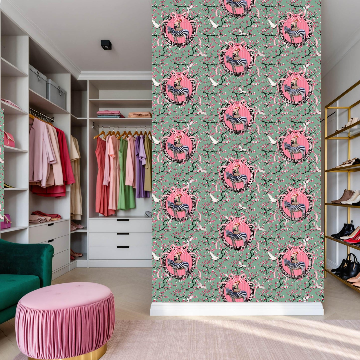 Gigi Cherry Blossom Wallpaper Green, Animal print jungle wallpaper peel & stick, feminine wallpaper for bedroom powder room walk in wardrobe