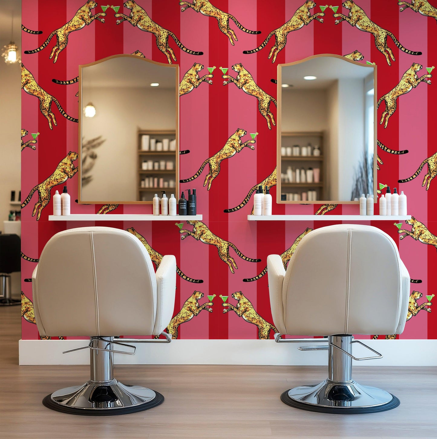 Cocktail Cheetah Red & Pink Striped Wallpaper