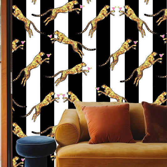 Cocktail Cheetah Striped Black & White Wallpaper