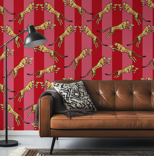 Cocktail Cheetah Red & Pink Striped Wallpaper