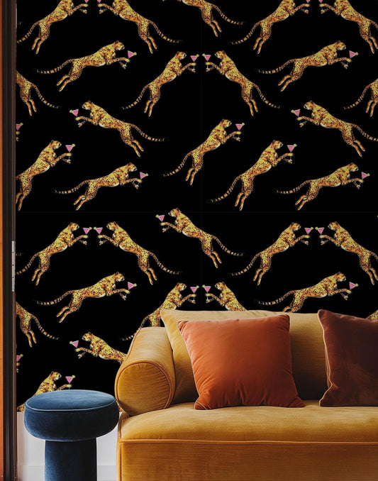 Cocktail cheetah black peel and stick wallpaper, leopard vintage wall paper, statement wallpaper, exotic wall coverings animal wall paper