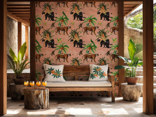 Jungle Pink Wallpaper retro girls, tiger peel and stick, vintage style wall paper, tropical wallpaper, exotic wall coverings animal
