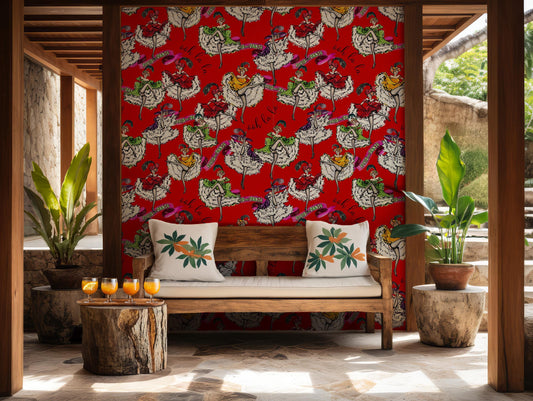 Red Vintage Wallpaper Peel and Stick, non-woven boudoir wallpaper, bedroom wallpaper, feminine wall paper, wall covering,