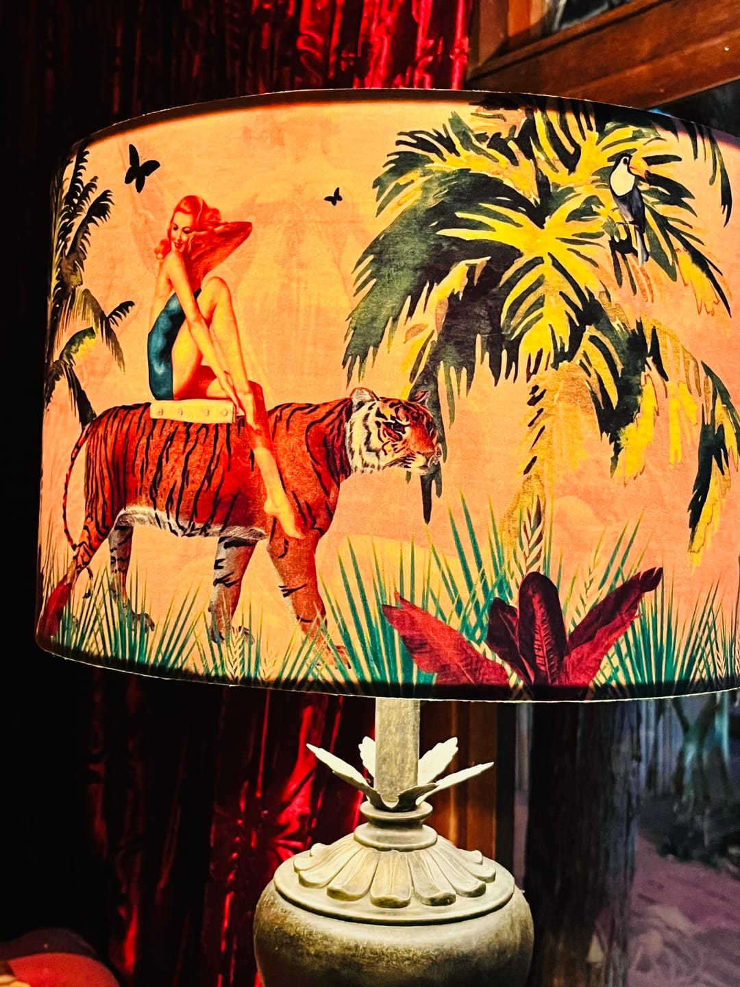 Queen K Jungle Walk Drum Lampshade Pink with vintage tropical design featuring a woman on a tiger and lush jungle foliage
