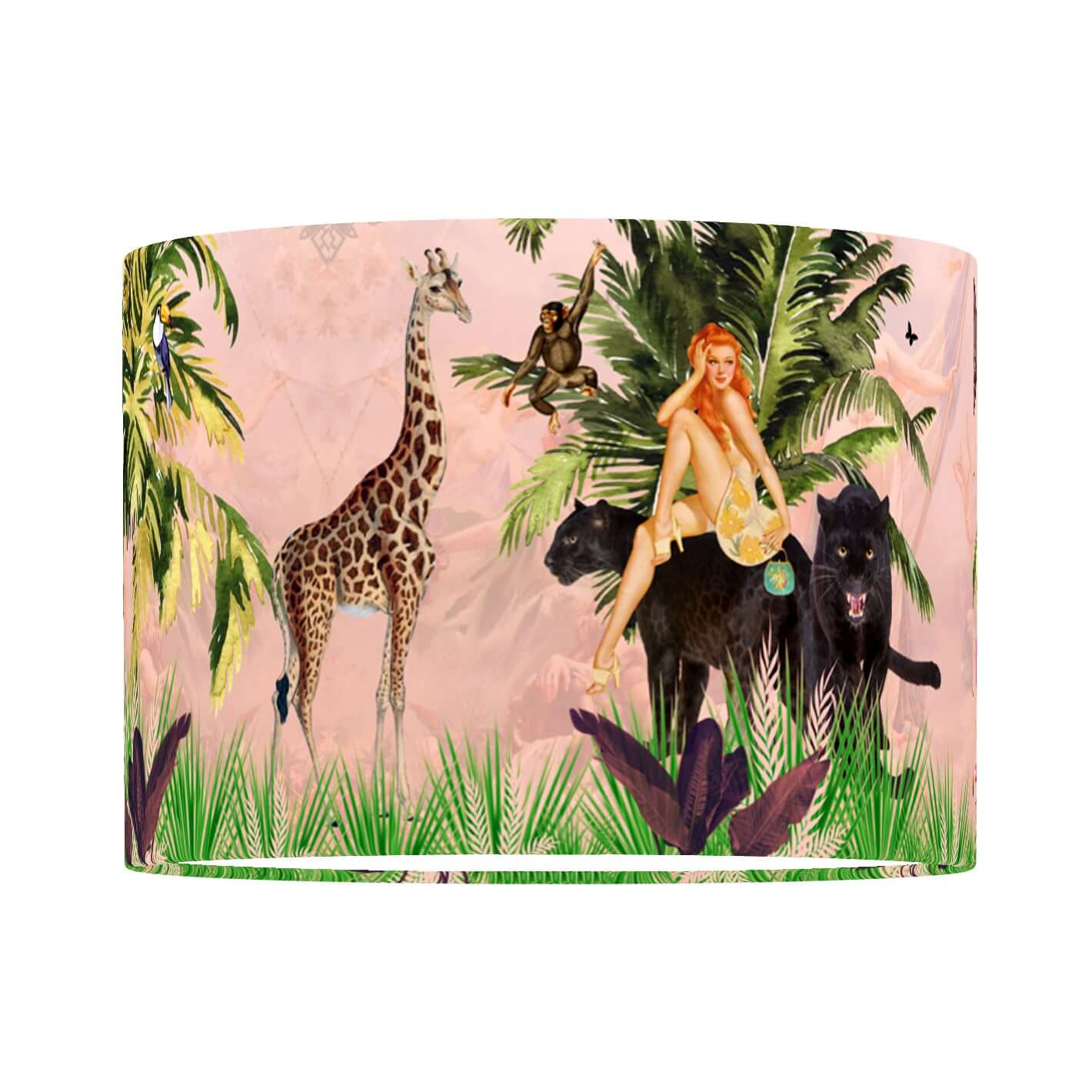 Queen K Jungle Walk Drum Lampshade Pink with jungle animals and woman sitting on black panther