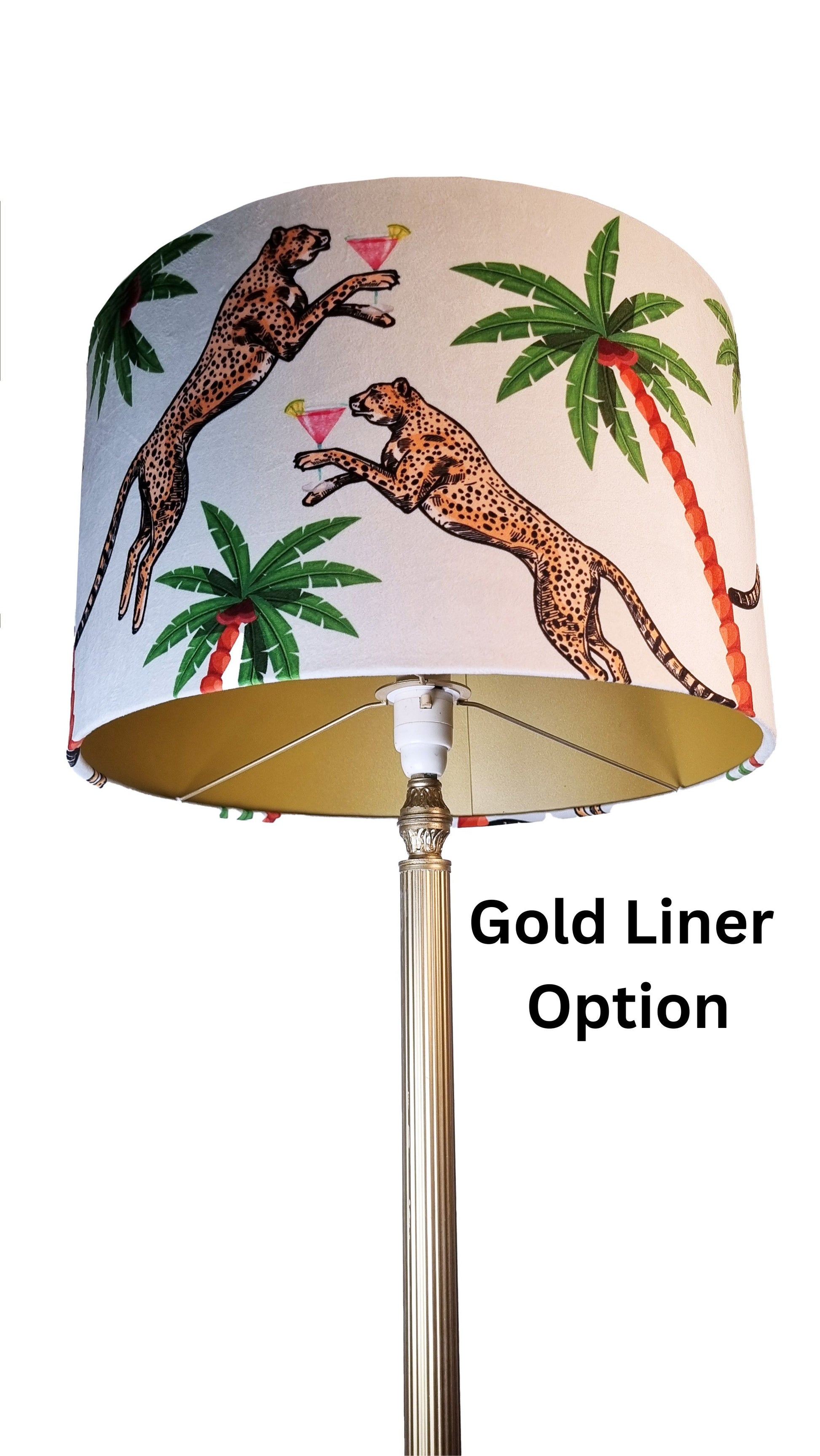 Queen K Jungle Walk Drum Lampshade Pink with leopard and palm tree design and gold liner option