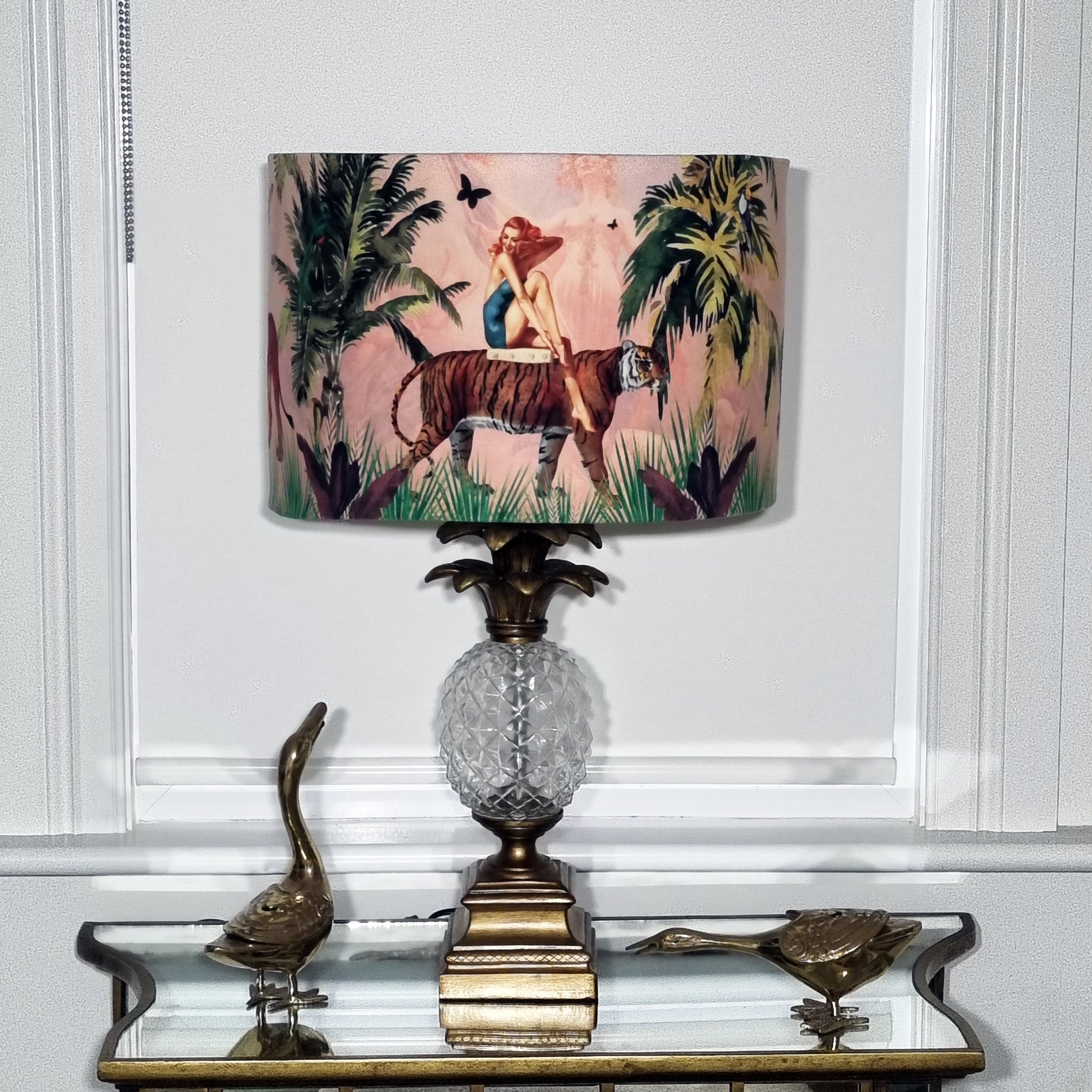 Queen K Jungle Walk Drum Lampshade Pink with jungle and tiger design on decorative table lamp