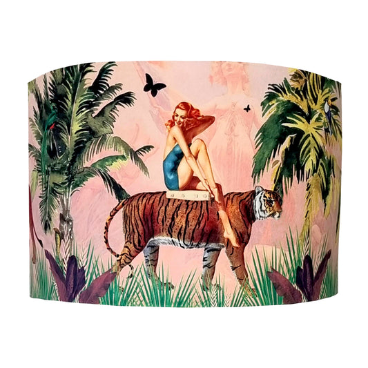 Queen K Jungle Walk Drum Lampshade Pink featuring a woman riding a tiger in a jungle scene