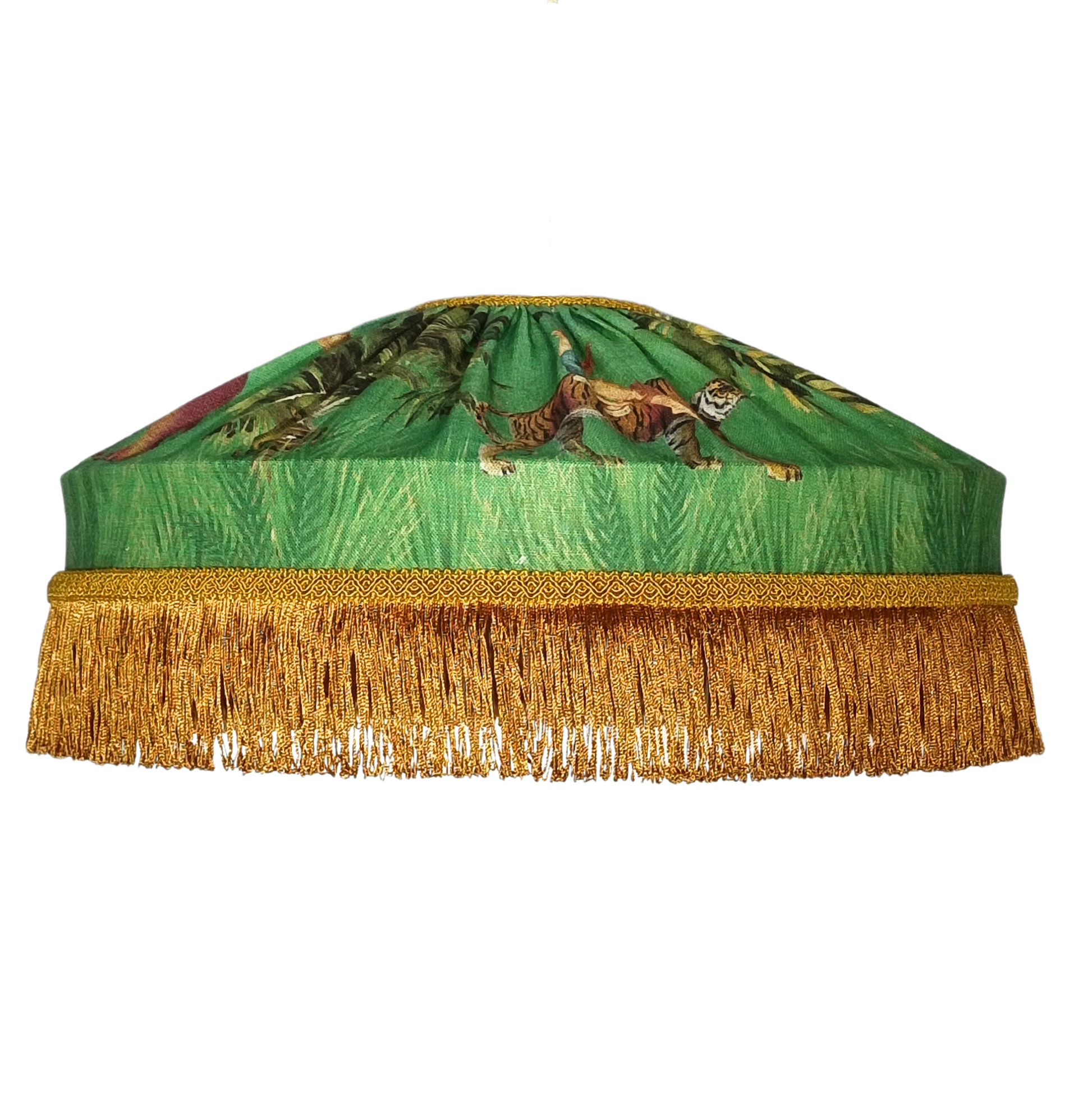 Queen K Jungle Walk Fringed Tiffany Lampshade with green nature design and gold fringe trim