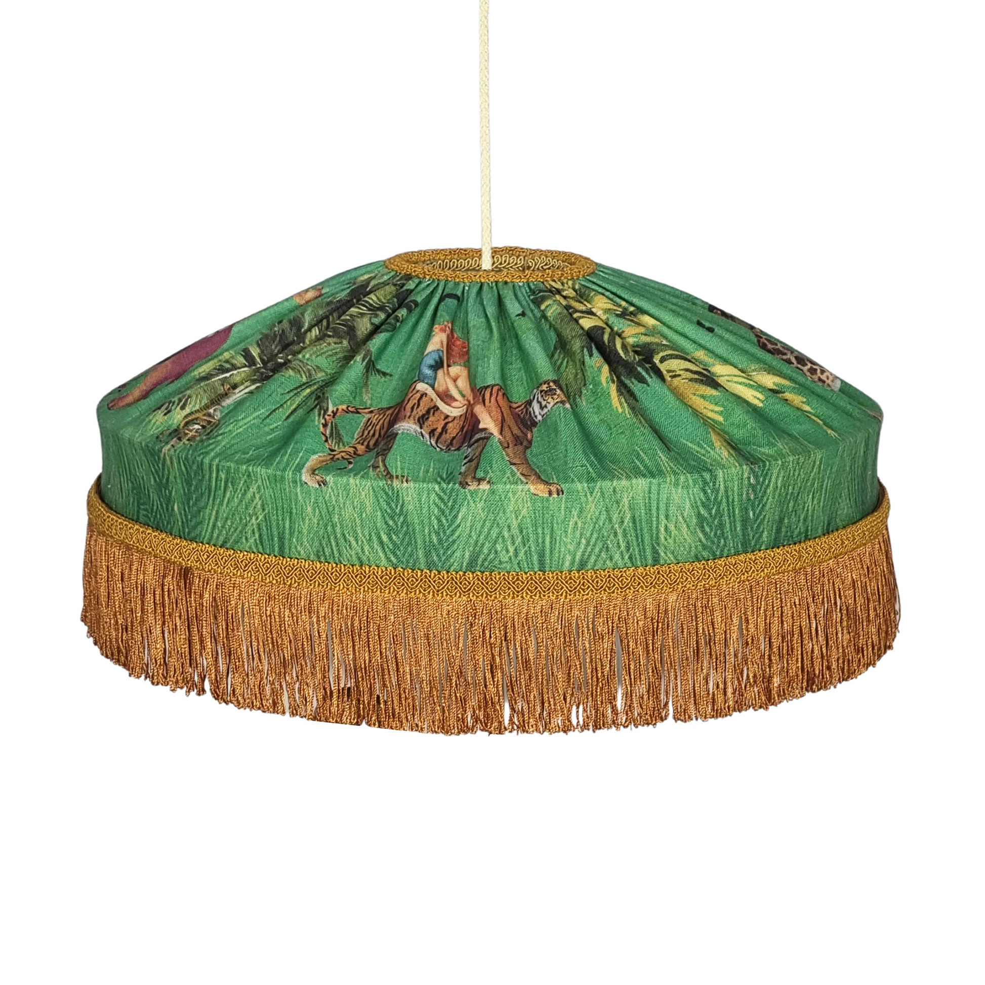 Queen K Jungle Walk Fringed Tiffany Lampshade with green jungle print and brown fringe trim