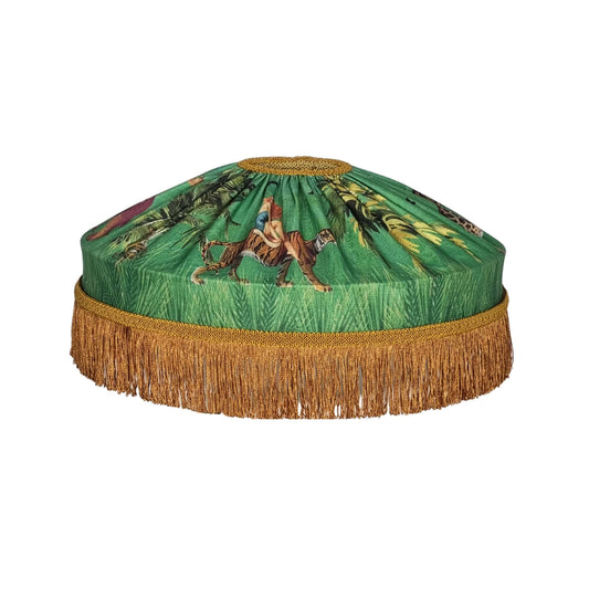 Queen K Jungle Walk Fringed Tiffany Lampshade with green jungle print and gold fringe trim