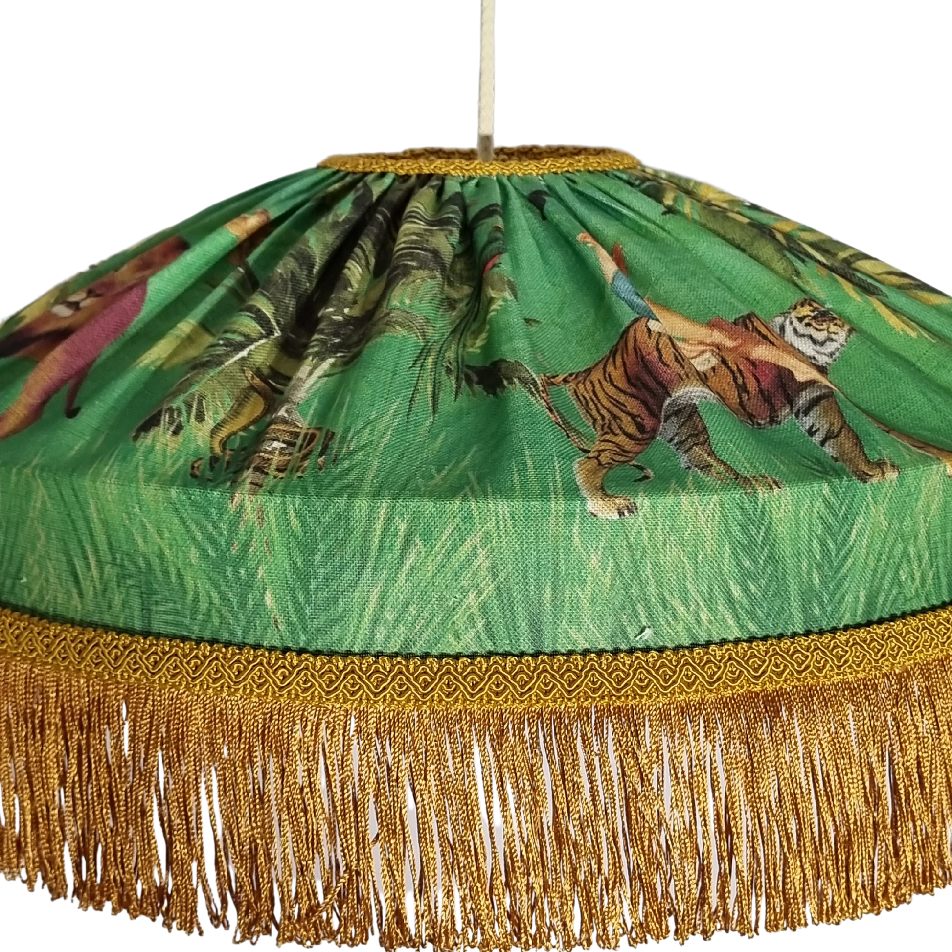 Queen K Jungle Walk Fringed Tiffany Lampshade with detailed jungle animal design and golden fringe trim
