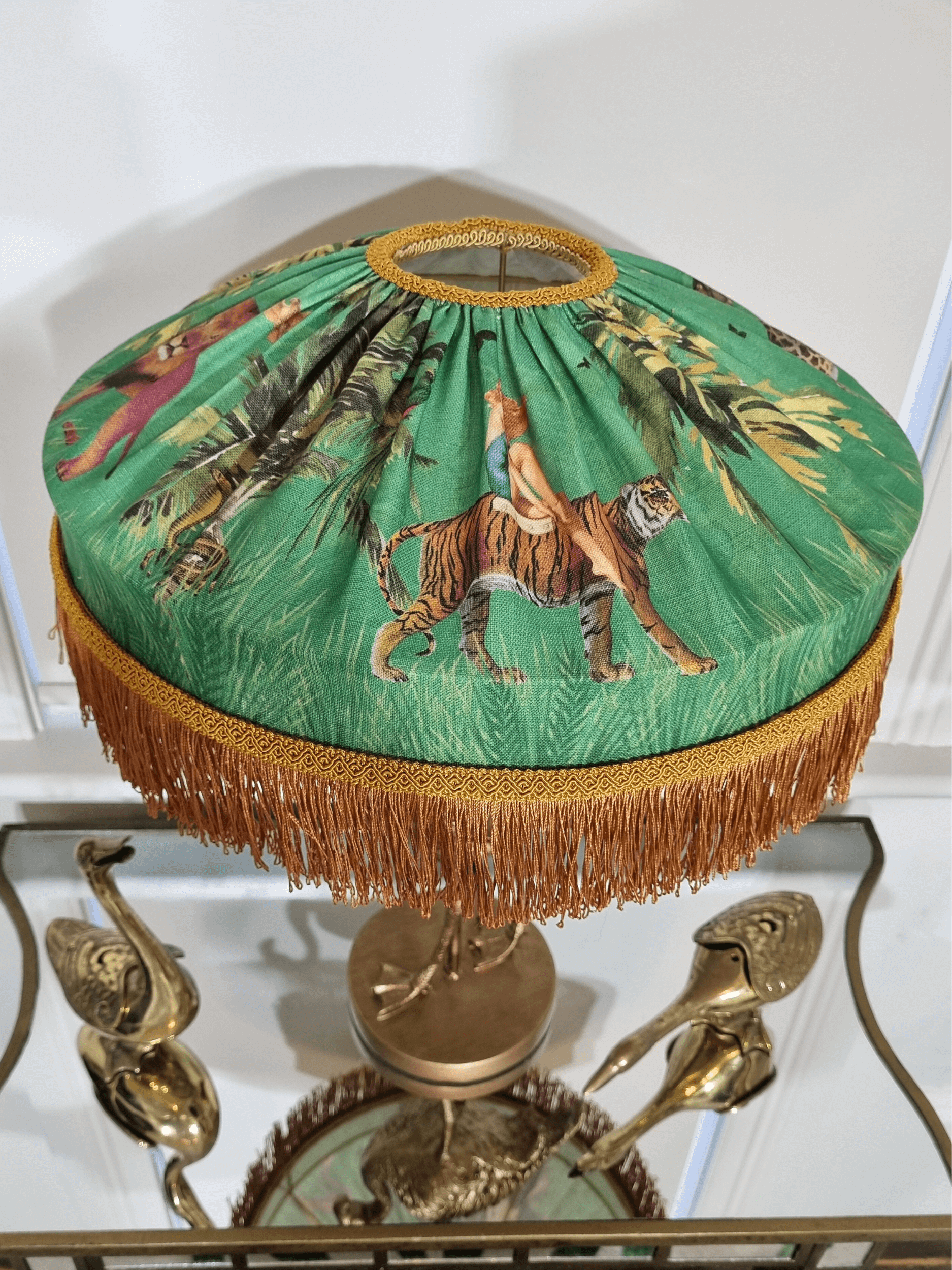Queen K Jungle Walk Fringed Tiffany Lampshade with green jungle print and lush gold fringe trim