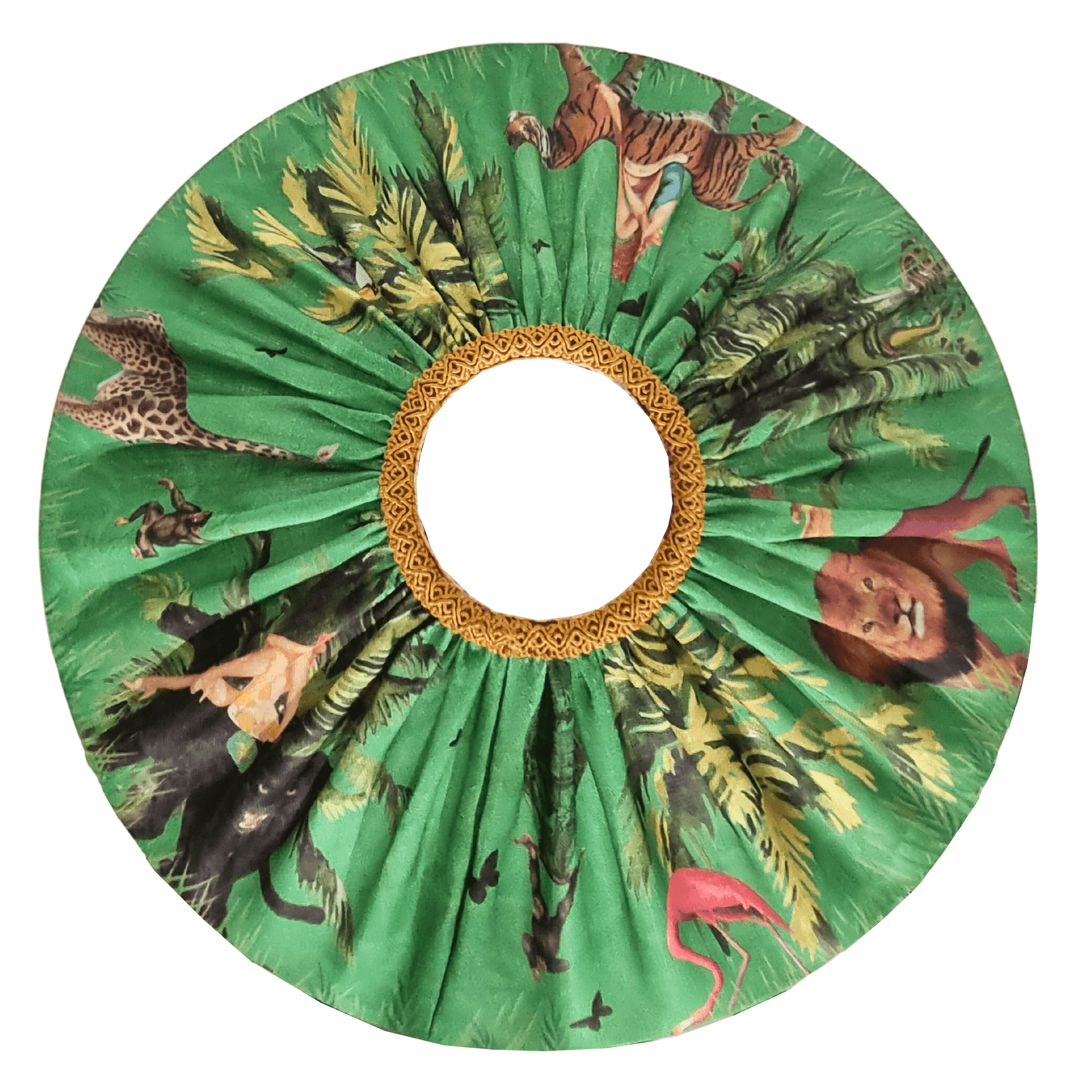 Queen K Jungle Walk Fringed Tiffany Lampshade with green jungle animal print and detailed fringe edge