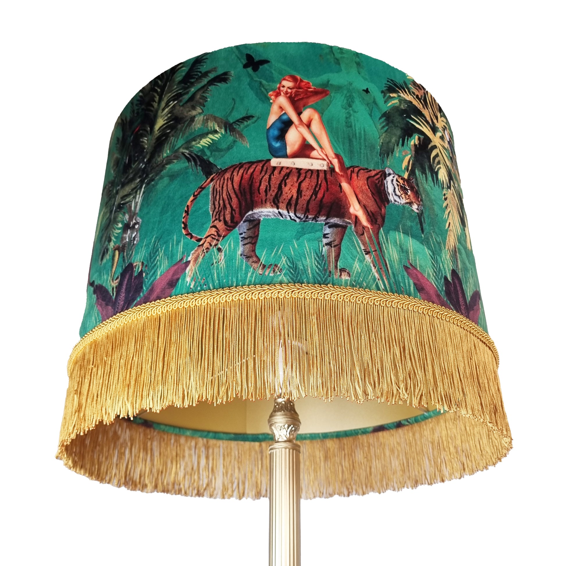 Jungle Walk Green Tassel Fringed Drum Lampshade with tiger and woman design by Queen K