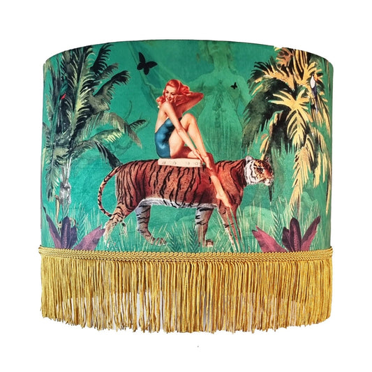 Jungle Walk Green Tassel Fringed Drum Lampshade by Queen K with tiger and woman design