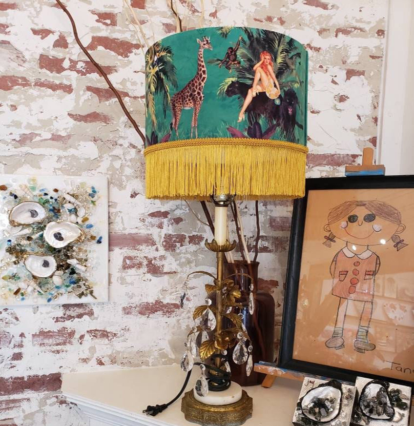 Queen K Jungle Walk Green Tassel Fringed Drum Lampshade with jungle animal print and yellow fringe
