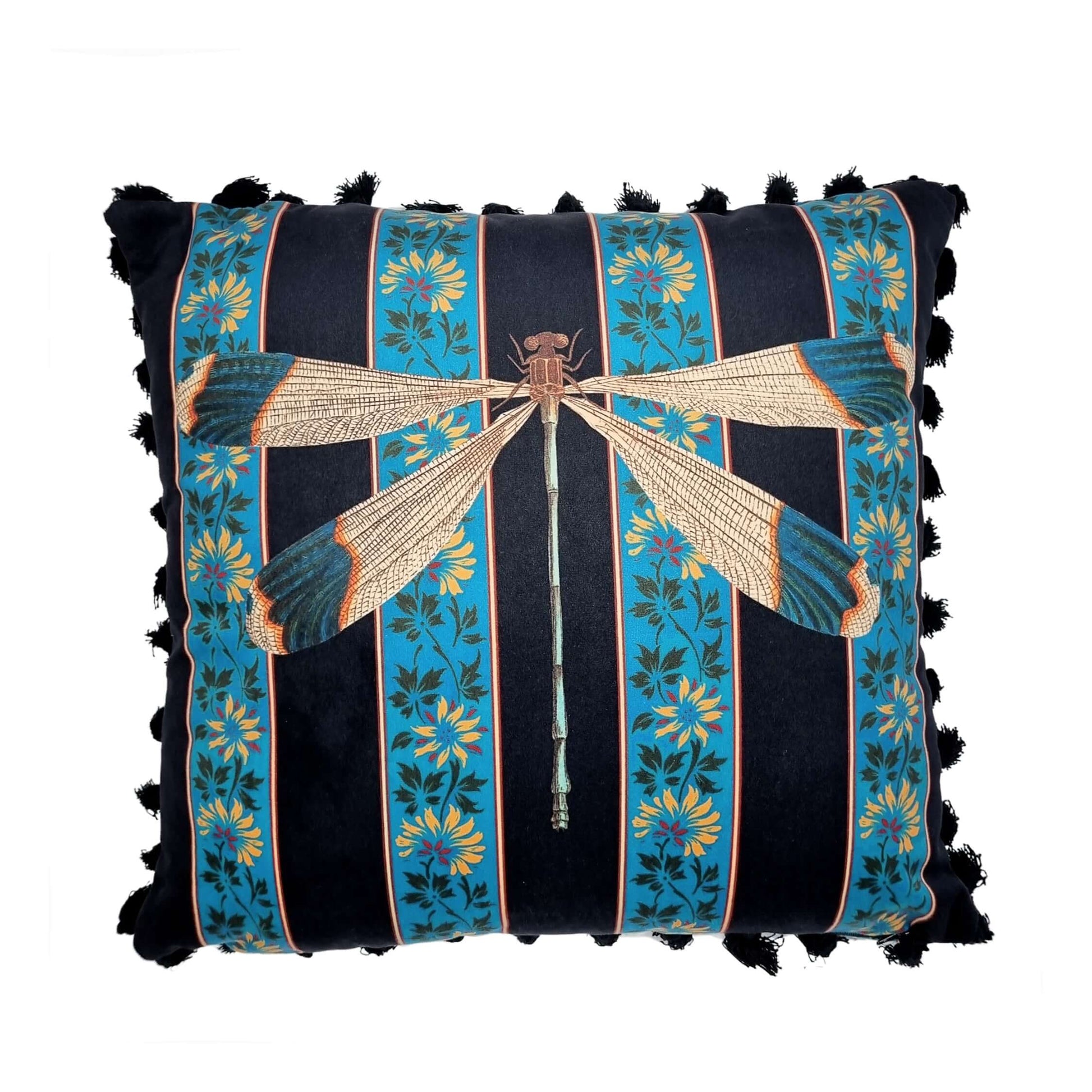 Queen K dragonfly design mermaid decorative cushion with blue floral stripes and tassels