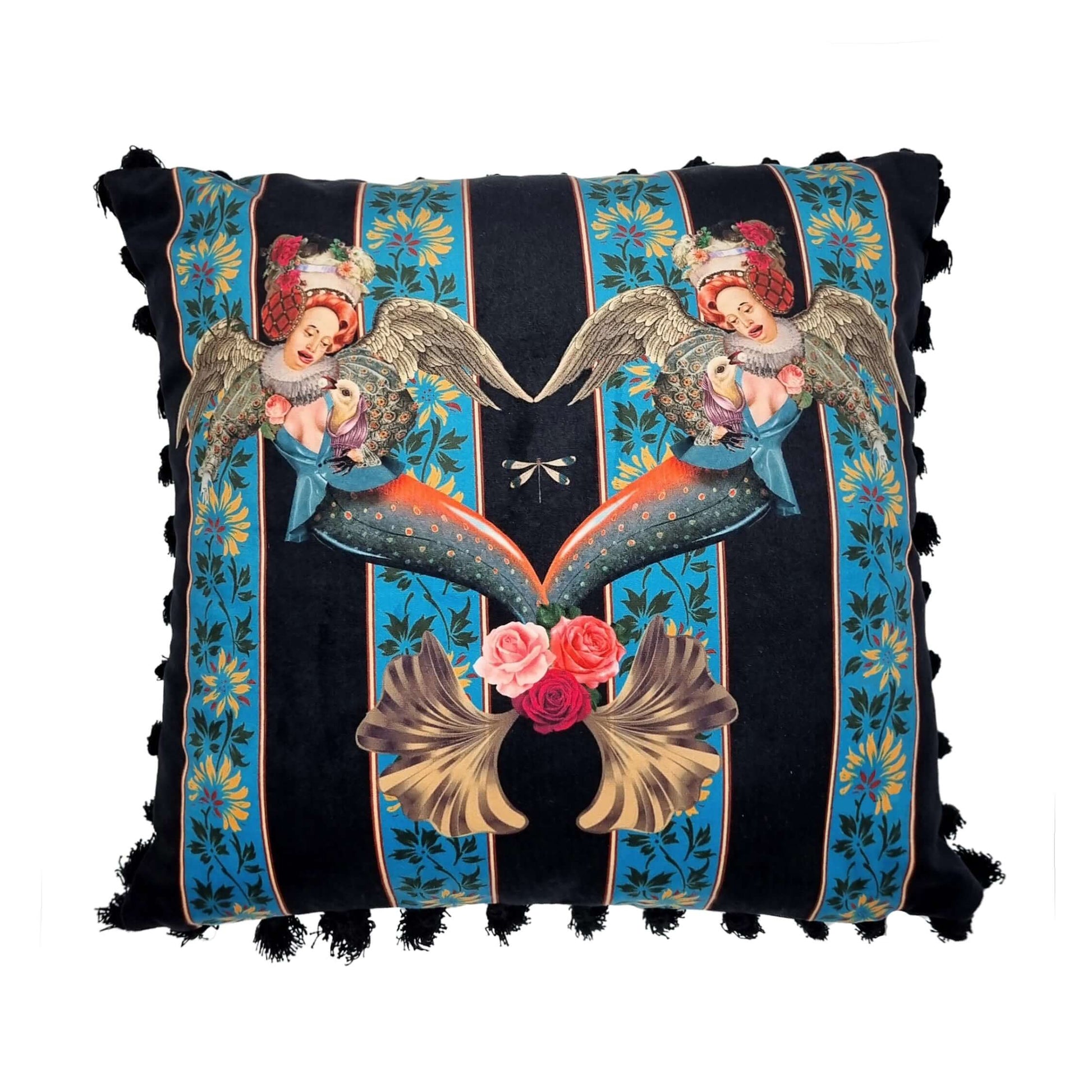 Queen K mermaid decorative cushion with vintage angel mermaid design and floral blue striped background