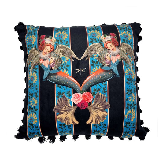 Queen K mermaid decorative cushion with vintage angel mermaid design and floral blue striped background