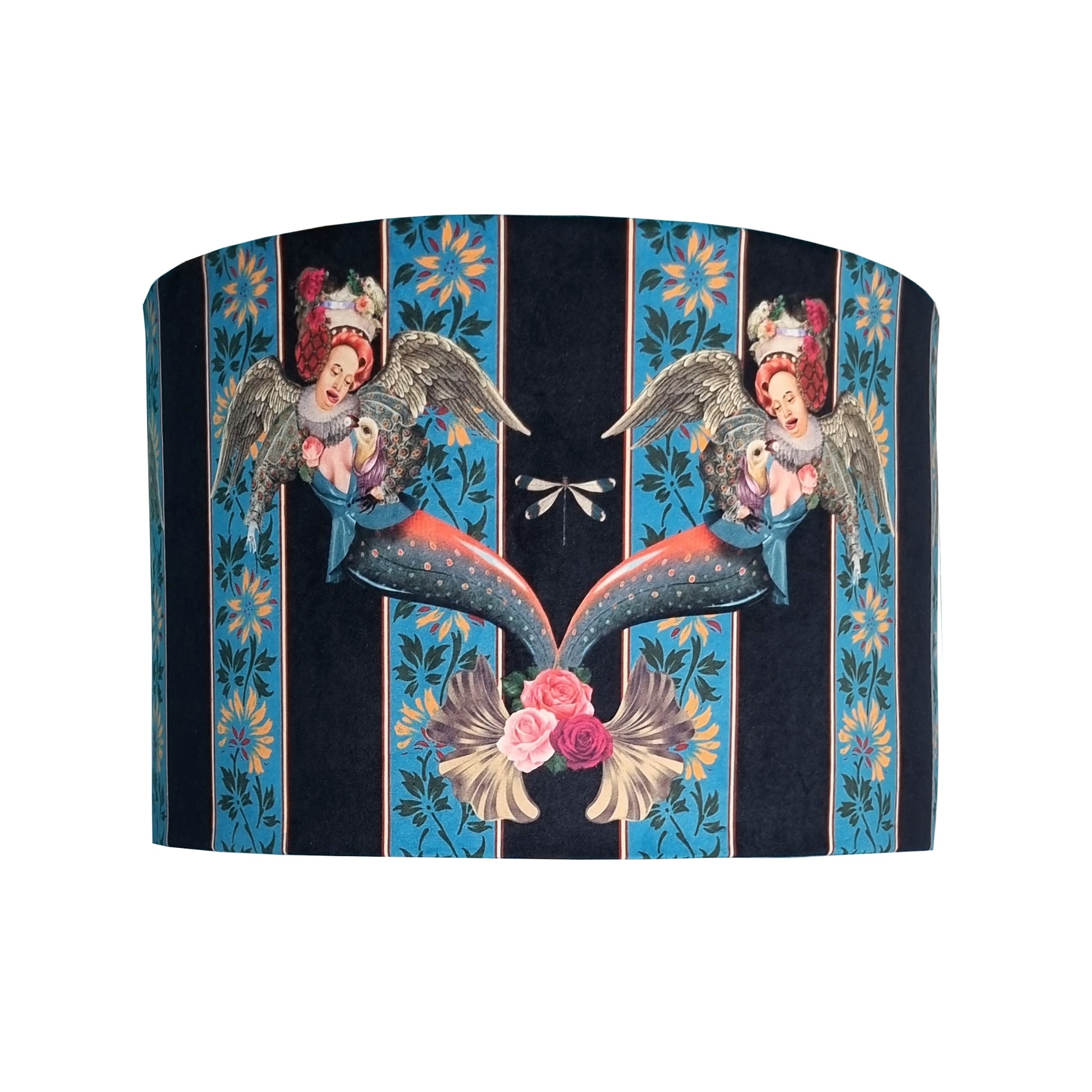 Queen K Mermaid Drum Lampshade Blue with vintage angel and floral striped design