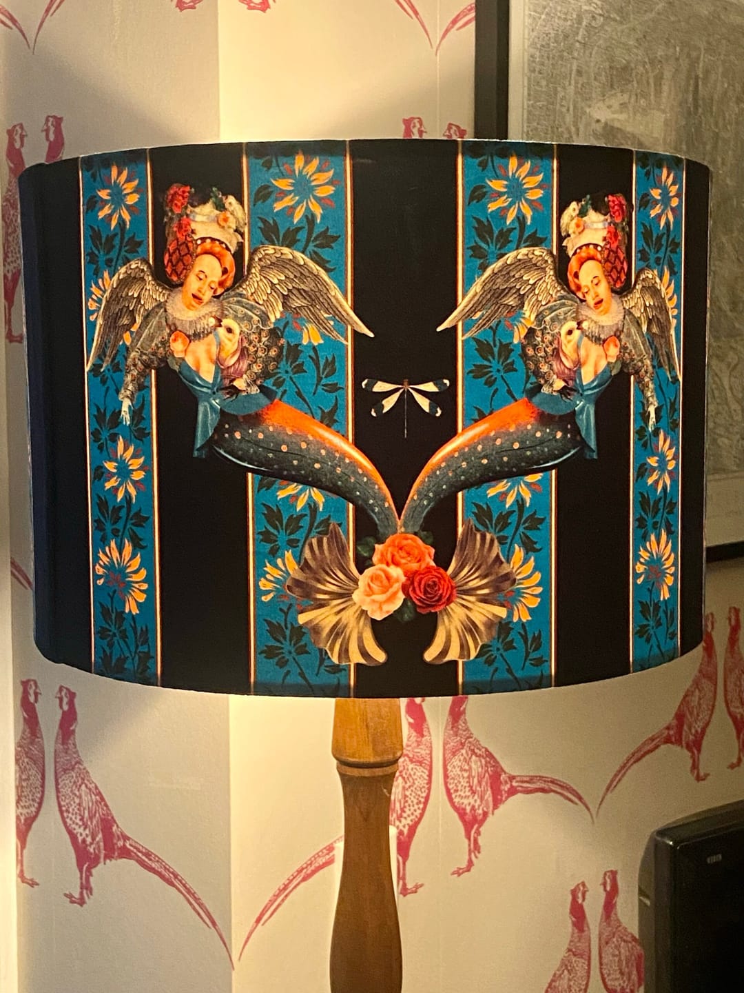 Queen K Mermaid Drum Lampshade Blue with angel mermaid design and floral accents on blue and black stripes