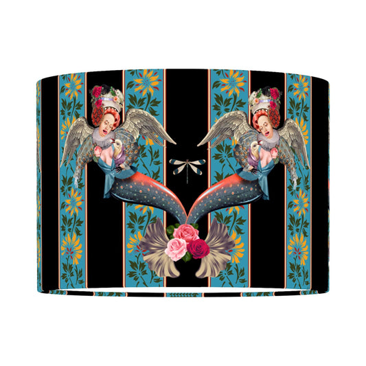 Queen K Mermaid Drum Lampshade Blue with artistic mermaid and floral design on striped background
