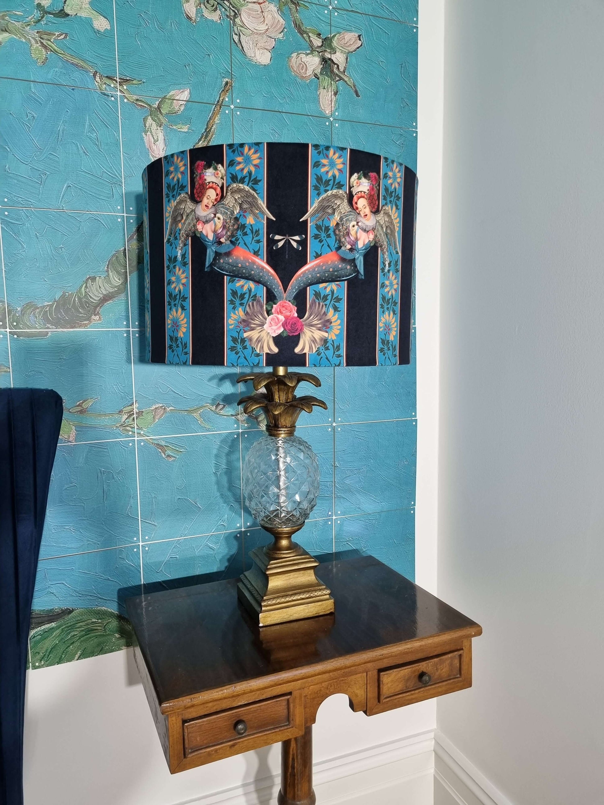 Queen K Mermaid Drum Lampshade Blue with angel and floral design on blue striped background