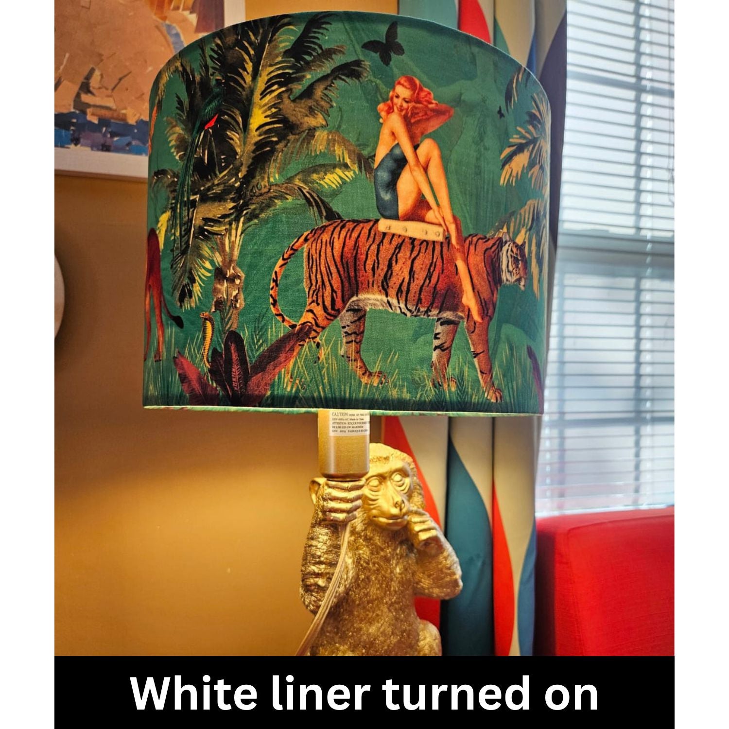 Queen K Mermaid Drum Lampshade Blue with jungle-themed design on decorative lamp base