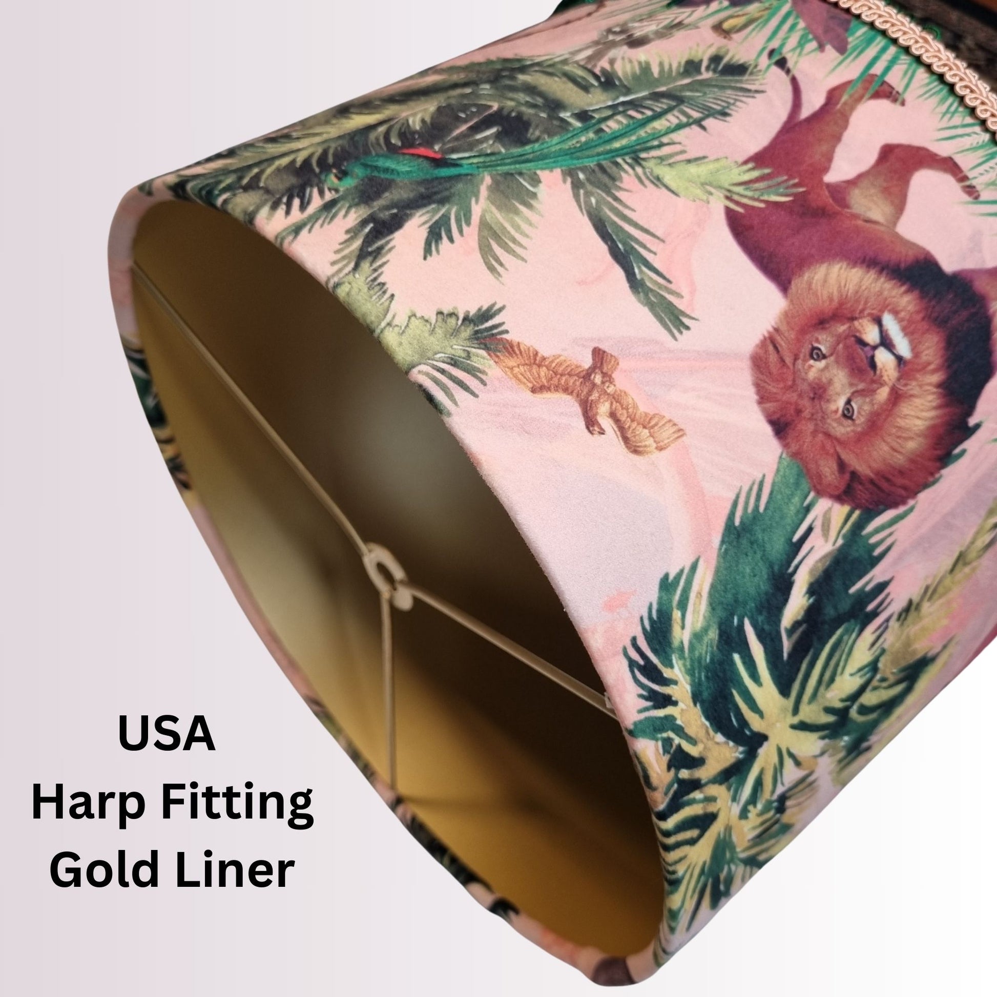 Queen K Mermaid Drum Lampshade Pink with lion and tropical foliage design and gold harp fitting liner
