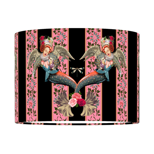 Queen K mermaid drum lampshade pink with vintage angel and floral striped design