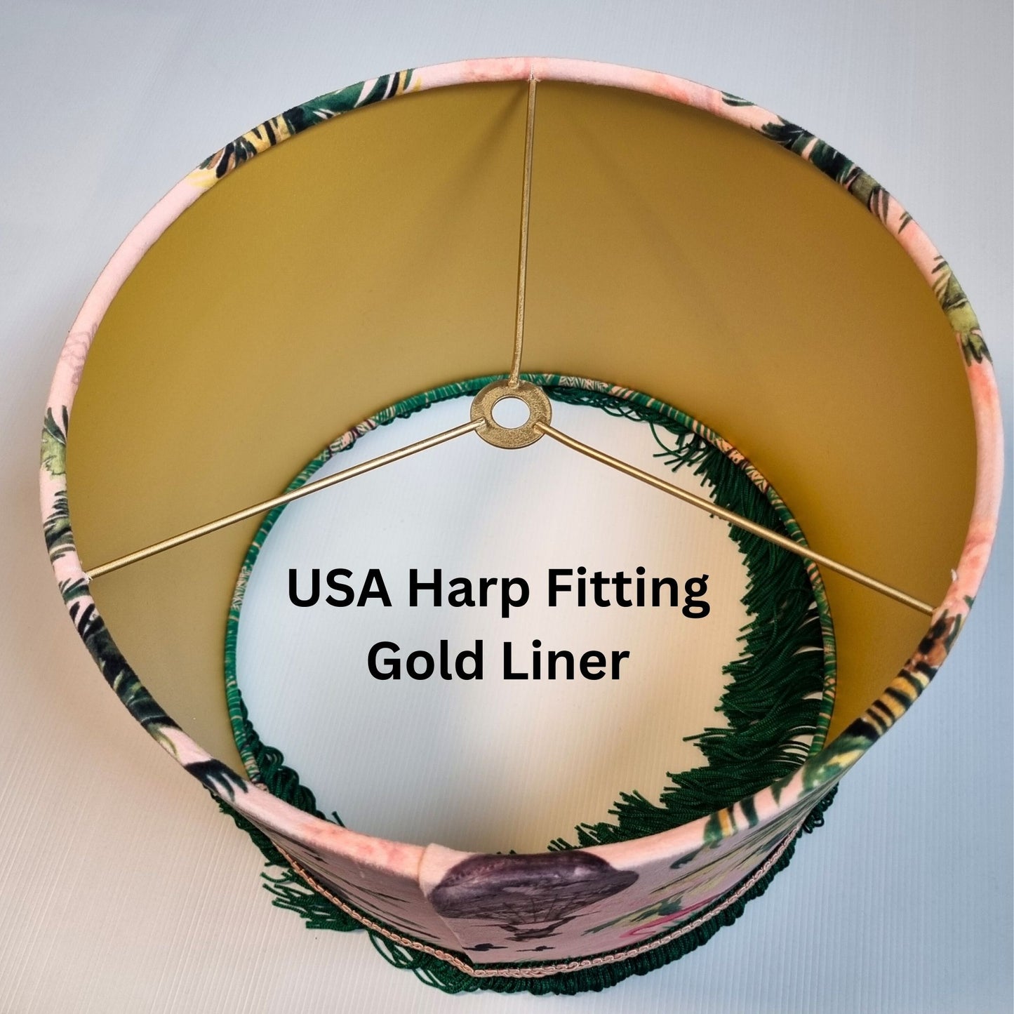 Mermaid Drum Lampshade Pink with green and gold liner featuring USA harp fitting by Queen K