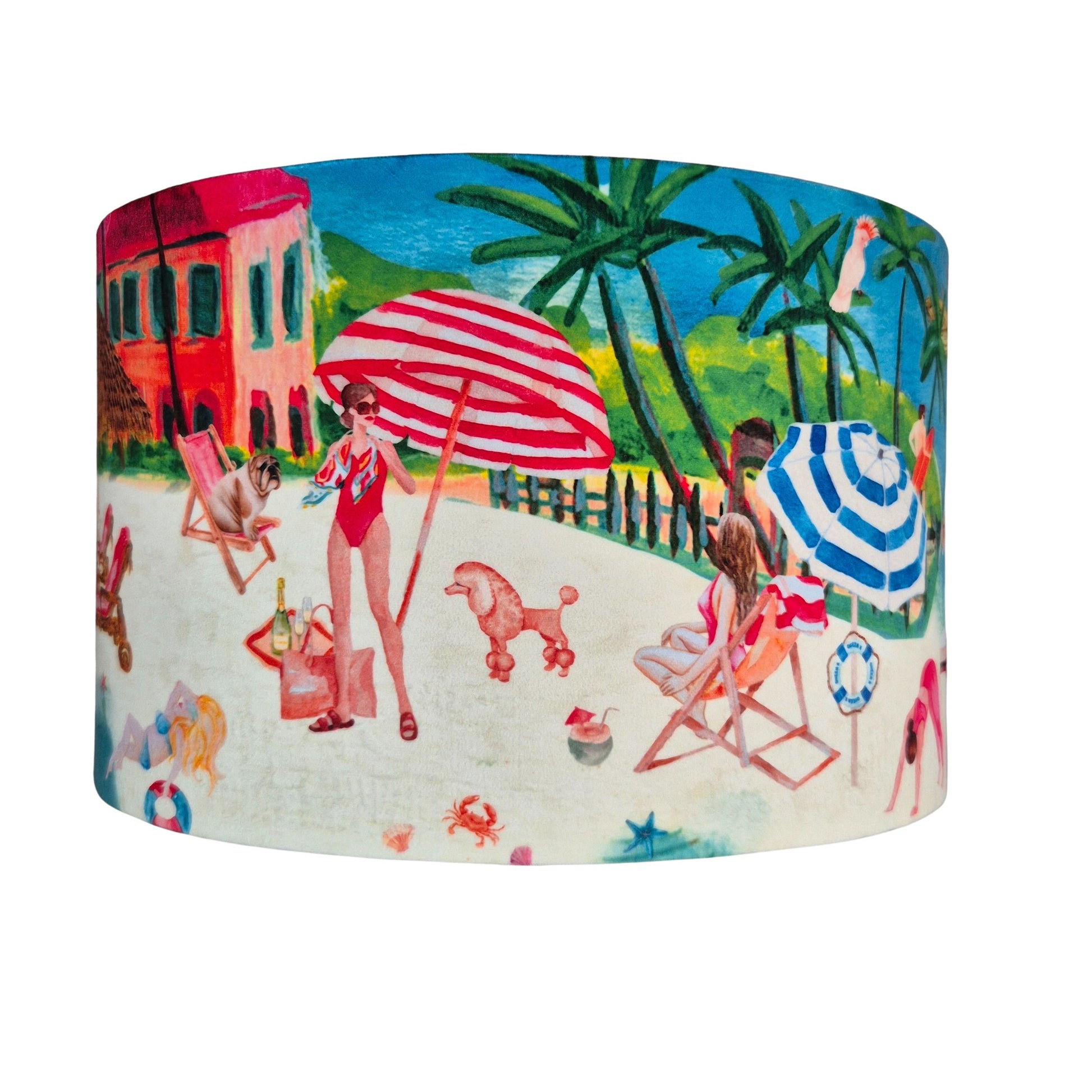 Queen K Riviera Drum Lampshade featuring a colorful beach scene with people, umbrellas, and palm trees