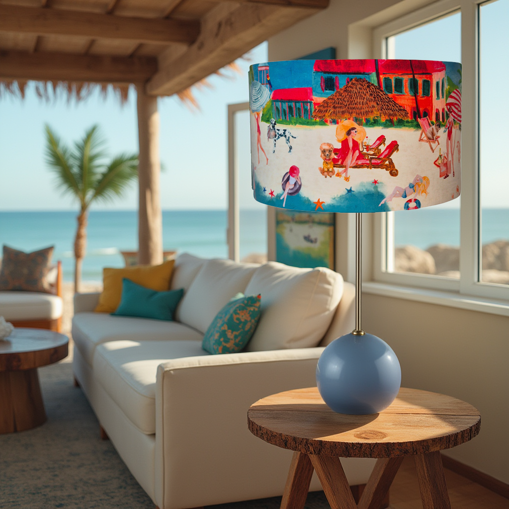 Queen K Riviera Drum Lampshade with colorful beach scene on a blue base lamp in a bright coastal living room