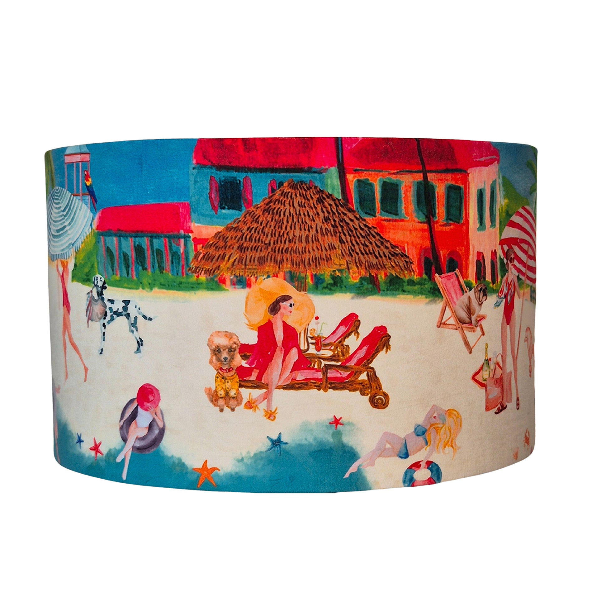 Queen K Riviera Drum Lampshade with fringed edges featuring a colorful beach scene design