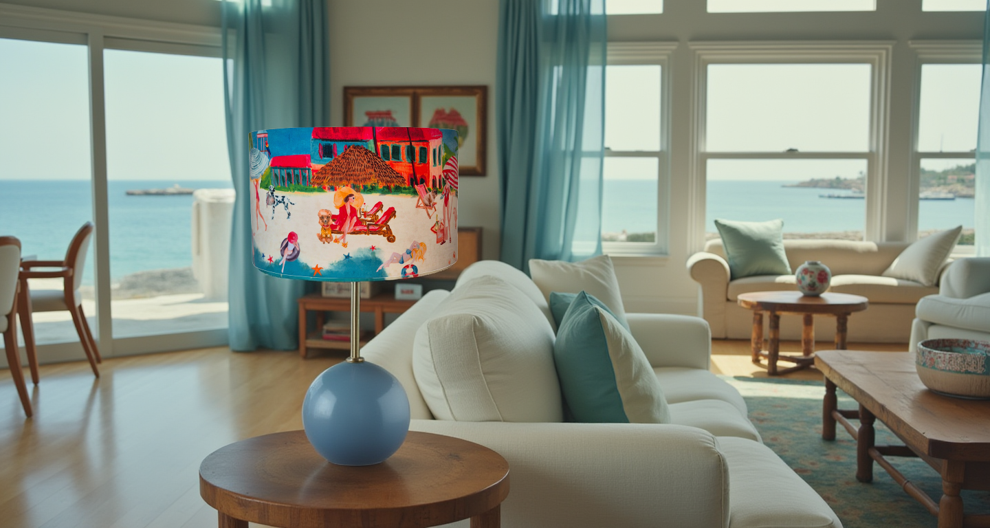 Queen K Riviera Drum Lampshade with colorful fringe design on blue round base in living room