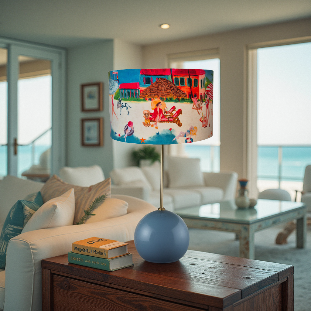 Queen K Riviera Drum Lampshade with colorful beach scene on modern table lamp in coastal living room